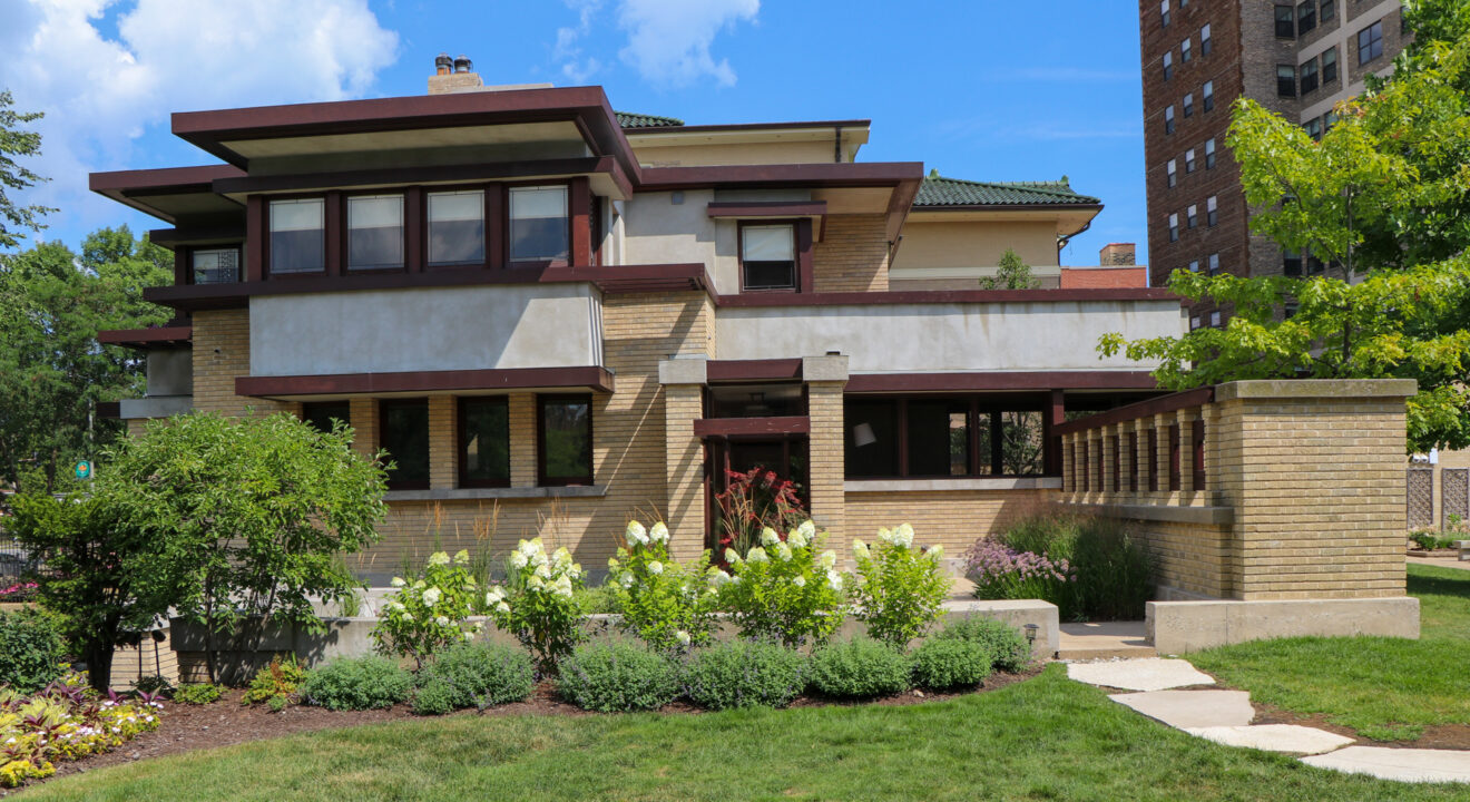 Exterior of Frank Lloyd Wright’s Bach House, showcasing Prairie style architecture and Japanese influences, as discussed by author Bob Hartnett in Frank Lloyd Wright’s $10,000 Home.