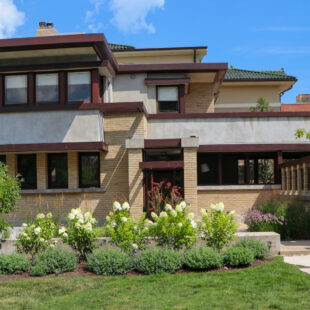Exterior of Frank Lloyd Wright’s Bach House, showcasing Prairie style architecture and Japanese influences, as discussed by author Bob Hartnett in Frank Lloyd Wright’s $10,000 Home.